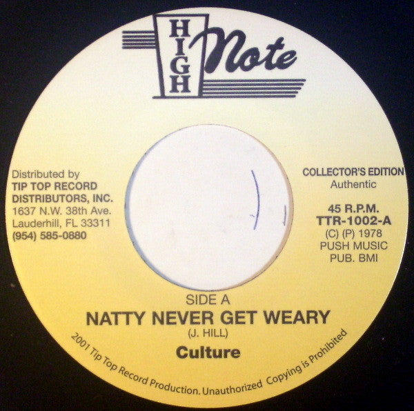 Image of Front Cover of 5115358C: 7" - CULTURE, Natty Never Get Weary / Too Long In Slavery (High Note; TTR-1002, US 2001 Reissue, Gold Sleeve)   VG+/VG+