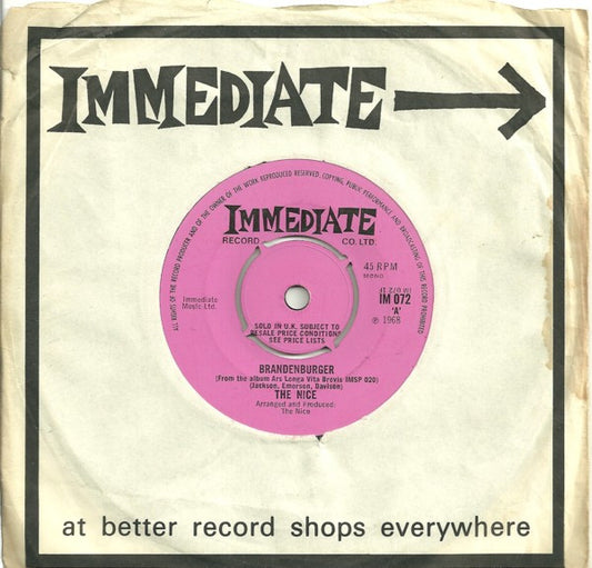 Image of Front Cover of 7" - VG/VG - THE NICE, Brandenburger (Immediate; IM 072, UK 1968, Company Sleeve, Mono, 4 Prong Centre ), Strong VG,  - 5115295C