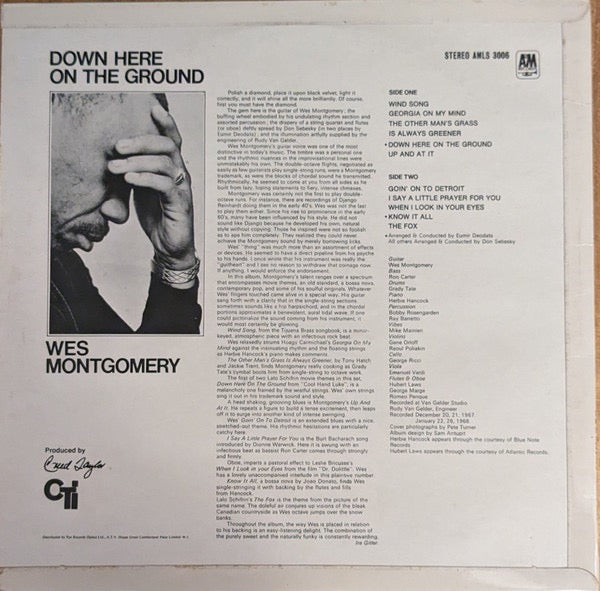 Image of Back Cover of LP - VG/VG - WES MONTGOMERY, Down Here On The Ground (A&M; AMLS 3006, UK 1968, Flipback Sleeve), Some wear along sleeve opening; light scuffs and mottling,  - 3916376C