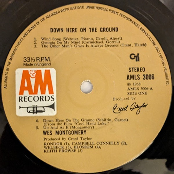 Image of Label Cover of LP - VG/VG - WES MONTGOMERY, Down Here On The Ground (A&M; AMLS 3006, UK 1968, Flipback Sleeve), Some wear along sleeve opening; light scuffs and mottling,  - 3916376C