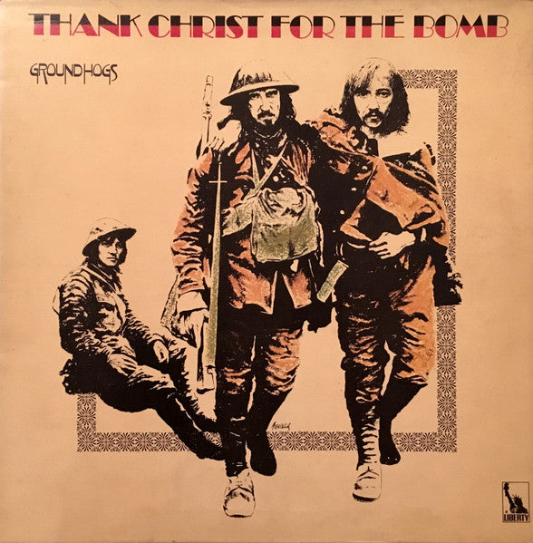 Image of Front Cover of 0426174E: LP - GROUNDHOGS, Thank Christ For The Bomb (Liberty; LBS 83295, UK 1970, Textured Gatefold Sleeve, Blue Labels) Surface noise. Scuffs and hairlines. Edge wear, very heavy to spine, sticker damage on back of sleeve, heavy staining, water damage, tears.  G/G+