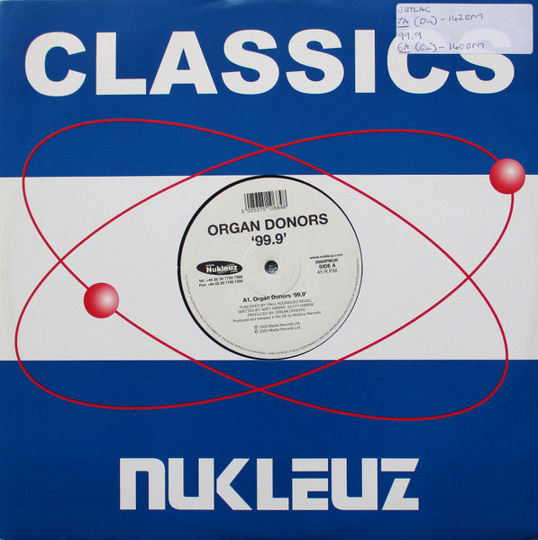 Image of Front Cover of 5215006C: 12" - ORGAN DONORS / DJ KIM, 99.9 / Jetlag (Alphazone Remix) (Nukleuz; 0684PNUK, UK 2005, Company Sleeve) Lots of light marks and hairlines throughout.  VG/G+