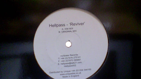 Image of Front Cover of 5215007C: 12" - HELLPASS, Reviver (Hellpass Records; Hellpass 002, UK 2000, Stickered White Label) Hairlines throughout, black ink on label and plays with audible surface noise  /G