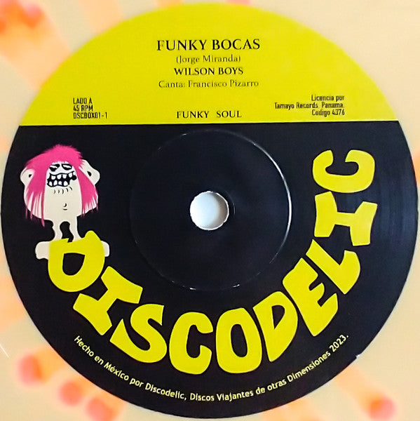 Image of Label Cover of 7" - EX/EX - WILSON BOYS / ALMAFUERTE, Funky Bocas / Baila Muchacha (Discodelic; DSCBOX01-1, US 2023, Die Cut Company Sleeve, Red marble coloured vinyl), Still in shrinkwrap (opened).,  - 5225039E