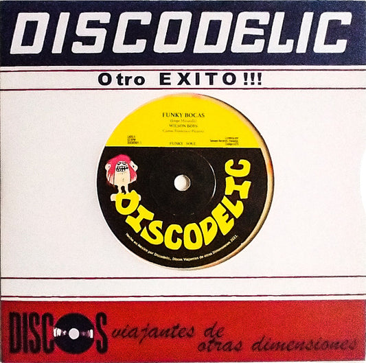 Image of Front Cover of 5225039E: 7" - WILSON BOYS / ALMAFUERTE, Funky Bocas / Baila Muchacha (Discodelic; DSCBOX01-1, US 2023, Die Cut Company Sleeve, Red marble coloured vinyl) Still in shrinkwrap (opened).  EX/EX