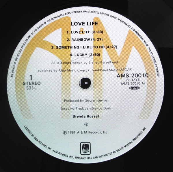 Image of Label Cover of LP - VG+/VG+ - BRENDA RUSSELL, Love Life (A&M Records ; AMS-20010, Japan 1981, Insert, Missing the OBI), ,  - 1626049E