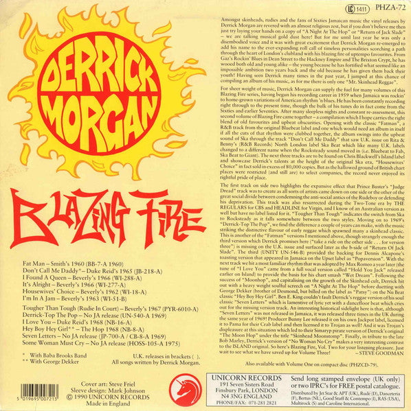 Image of Back Cover of 5245114S: LP - DERRICK MORGAN, Blazing Fire, Vol.2 (Unicorn Records; PHZA-72, UK & Europe 1990)   VG+/VG+