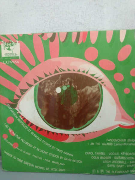 Image of Back Cover of 7" - VG+/VG+ - THE PLAYGROUND, Pandemonium (PolyEster Records; LUV24, Australia 1991, Picture Sleeve, Orange Vinyl. c/w "Tell You What I Want" Flexi-Disc From 1988), ,  - 5215122C