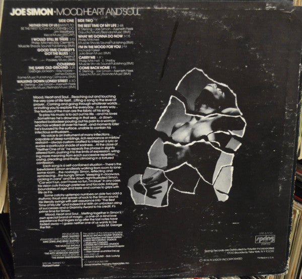 Image of Back Cover of 5215214C: LP - JOE SIMON, Mood, Heart And Soul (Spring Records; SPR 6702, US 1974) Sleeve has some heavy wear, creasing, and a notched cut-out at top corner that's creased and coming away slightly  G+/VG