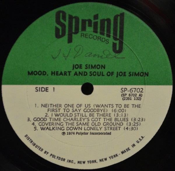 Image of Label Cover of 5215214C: LP - JOE SIMON, Mood, Heart And Soul (Spring Records; SPR 6702, US 1974) Sleeve has some heavy wear, creasing, and a notched cut-out at top corner that's creased and coming away slightly  G+/VG