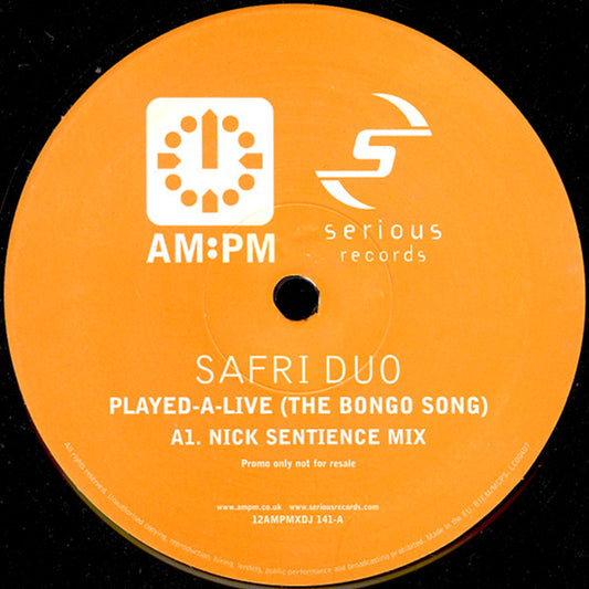 Image of Front Cover of 0116006C: 12" - SAFRI DUO, Played-A-Live (The Bongo Song) (AM:PM; 12 AMPMXDJ 141, UK 2000, Promo)   /VG