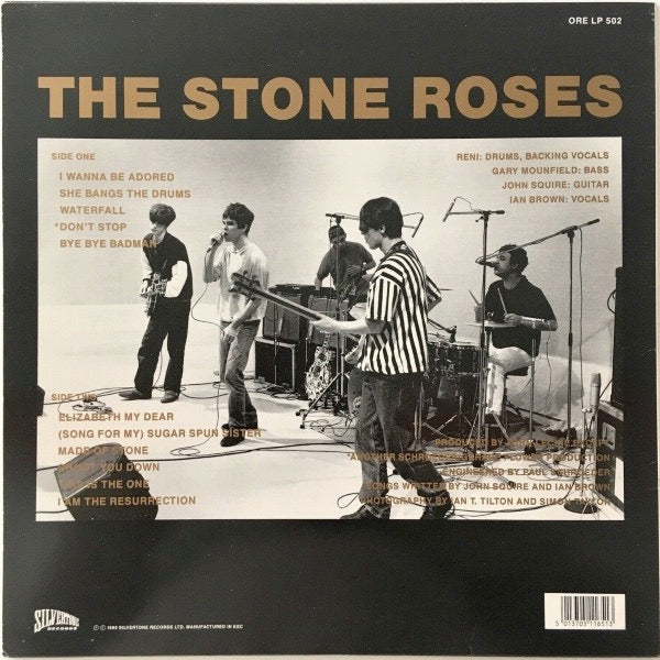 Image of Back Cover of LP - VG/F - THE STONE ROSES, The Stone Roses (Silvertone Cream And Red Labels; ORELP502, UK 1989 Reissue, Non-Embossed Sleeve, Inner), Disc covered in hairlines and light marks, Plays with surface noise, Doesn't seem to skip, Wear to edges but no splits,  - 2816129C