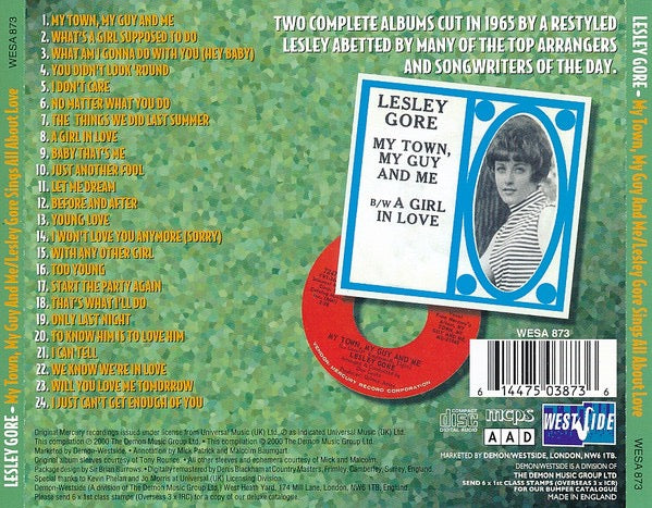 Image of Back Cover of CD - VG+/VG+ - LESLEY GORE, My Town, My Guy And Me / Lesley Gore Sings All About Love (Westside; WESA 873, UK 2000, Jewel Case), Nice copy showing minimal sign of use.,  - 0116069C
