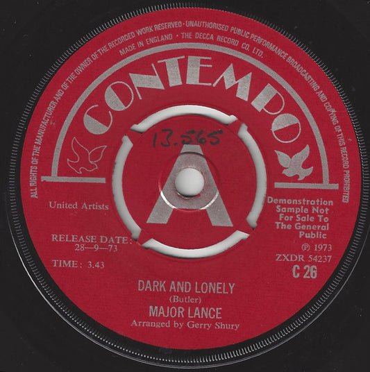 Image of Front Cover of 0126036E: 7" - MAJOR LANCE, Dark And Lonely / My Girl (Contempo; C 26, UK 1973, Promo, 4 prong centre) Light hairlines.  /VG