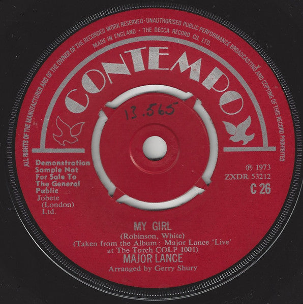 Image of Back Cover of 7" - /VG - MAJOR LANCE, Dark And Lonely / My Girl (Contempo; C 26, UK 1973, Promo, 4 prong centre), Light hairlines.,  - 0126036E