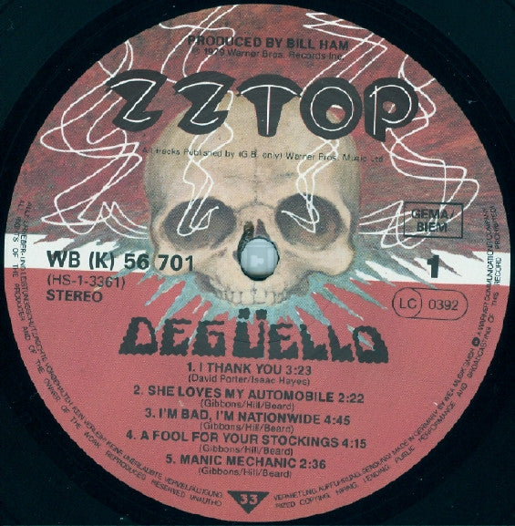 Image of Label Cover of LP - VG+/VG+ - ZZ TOP, Deg ello (Warner Bros. Records; WB 56 701, Europe Reissue, Inner), Still in opened shrinkwrap.,  - 3726208E