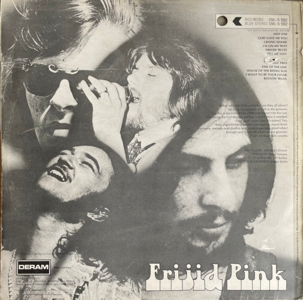 Image of Back Cover of LP - VG/G+ - FRIJID PINK, Frijid Pink (Deram; SMLR1062, UK 1970, Laminated Front Sleeve), Hairlines, surface noise and a few light but feelable scratches. Laminate creasing, staining on back of sleeve, edge and ring wear, tape residue to top edge.,  - 3946361S
