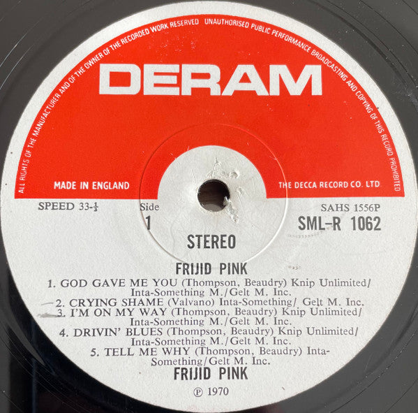 Image of Label Cover of LP - VG/G+ - FRIJID PINK, Frijid Pink (Deram; SMLR1062, UK 1970, Laminated Front Sleeve), Hairlines, surface noise and a few light but feelable scratches. Laminate creasing, staining on back of sleeve, edge and ring wear, tape residue to top edge.,  - 3946361S