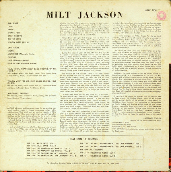 Image of Back Cover of LP - VG/VG+ - MILT JACKSON WITH JOHN LEWIS, PERCY HEATH, KENNY CLARKE, LOU DONALDSON AND THE THELONIOUS MONK QUINTET, Milt Jackson With John Lewis, Percy Heath, Kenny Clarke, Lou Donaldson And The Thelonious Monk Quintet (Blue Note (New York, USA); BLP 1509, US 1966 Reissue, Company Inner, Mono; 'RVG' in runout), Sleeve has wear / scuffs and some light damage at corners. Mecolico sticker on reverse. Inner stained,  - 0116322C