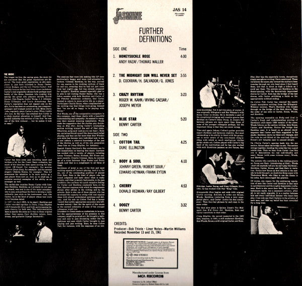 Image of Back Cover of LP - VG/VG+ - BENNY CARTER AND HIS ORCHESTRA, Further Definitions (Jasmine Records; JAS 14, UK 1980s Reissue), ,  - 0116327C