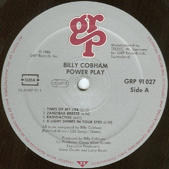 Image of Label Cover of LP - VG/VG+ - BILLY COBHAM, Powerplay (GRP; GRP 91027, Switzerland 1986, Inner), Sleeve in stickered shrink. Inner creased throughout,  - 0116377C