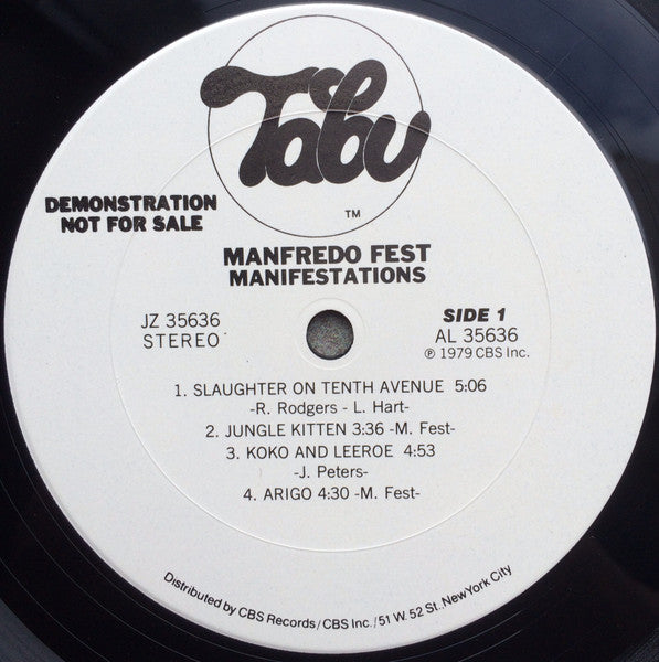 Image of Label Cover of LP - G+/VG+ - MANFREDO FEST, Manifestations (Tabu Records; JZ 35636, US 1979, Promo), Light marks. Promo paper strip &  stamp on back of sleeve & name in marker pen. Wear to sleeve with tear on bottom of front & back sleeve.,  - 2326075E