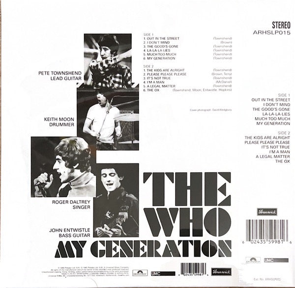 Image of Back Cover of LP - NEW/NEW - THE WHO, My Generation (Brunswick; ARHSLP015, Worldwide 2022 Reissue, Insert, Obi, Limited Edition, Remastered, Stereo, Half Speed Mastering), ,  - 0136109E