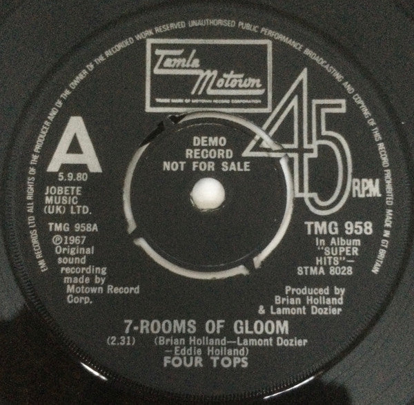 Image of Front Cover of 7" - EX/EX - FOUR TOPS, 7-Rooms Of Gloom / If I Were A Carpenter (Tamla Motown; TMG 958, UK 1980, Promo, Company Sleeve, 4-Prong Centre), ,  - 0156167S