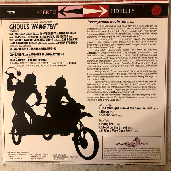 Image of Back Cover of 10" - VG+/VG+ - GHOUL, Hang Ten (Tankcrimes; TC76, US 2014, Stickered Plastic Sleeve, Limited To 300 On Pink/Red Splatter Vinyl), ,  - 0116465C