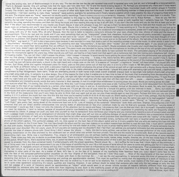 Image of Back Cover of 2xLP - G+/VG+ - MICHAEL SNOW, Musics For Piano, Whistling, Microphone And Tape Recorder (Chatham Square Productions; LP 1009/10, US 1975, Gatefold), ONLY THE SECOND DISC (LP Side C&D). Seam split across top seams.,  - 0226009E