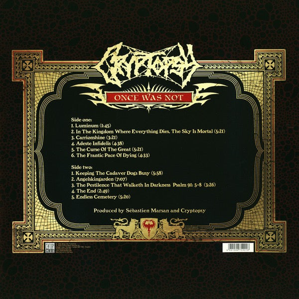 Image of Back Cover of 0216035C: LP - CRYPTOPSY, Once Was Not (Century Media; 77542-1, Germany 2005, Inner) Still in opened shrinkwrap. Circular mark on B5, does not effect play.  VG+/G+