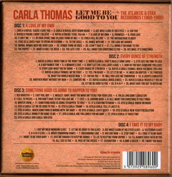 Image of Back Cover of 0236057E: 4xCD - CARLA THOMAS, Let Me Be Good To You (The Atlantic & Stax Recordings 1960-1968) (SoulMusic Records; QSMCR-5196BX, UK 2020, Box Set, Booklet)   VG+/VG+