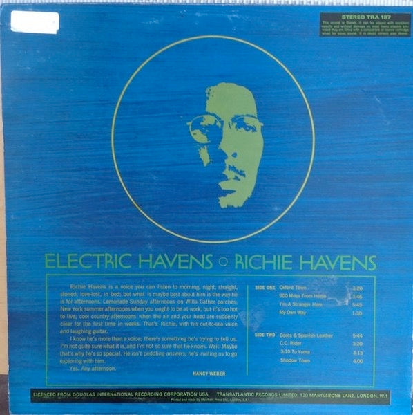 Image of Back Cover of LP - VG/G+ - RICHIE HAVENS, Electric Havens (Transatlantic; TRA187, UK 1969), Side two strong G+, more light marks on side 1. Ring and edge wear, creasing and some sticker residue. 0,  - 3536383E