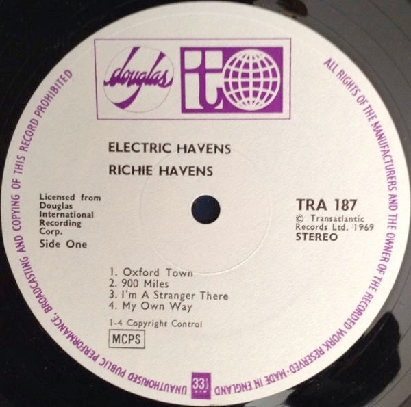 Image of Label Cover of LP - VG/G+ - RICHIE HAVENS, Electric Havens (Transatlantic; TRA187, UK 1969), Side two strong G+, more light marks on side 1. Ring and edge wear, creasing and some sticker residue. 0,  - 3536383E
