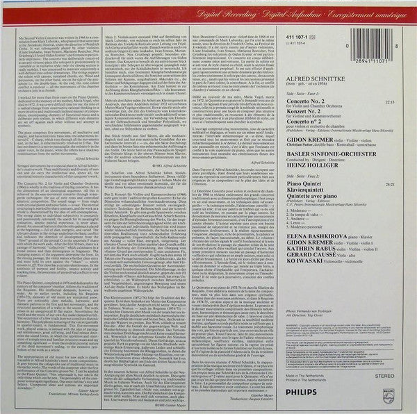 Image of Back Cover of LP - VG+/VG+ - GIDON KREMER, BASLER SINFONIE-ORCHESTER, HEINZ HOLLIGER, Schnittke: Violin Concerto No.2 = Violinkonzert Nr. 2 / Piano Quintet = Klavierquintett (Philips Digital Classics; 411 107-1, Netherlands 1984), ,  - 1126243E