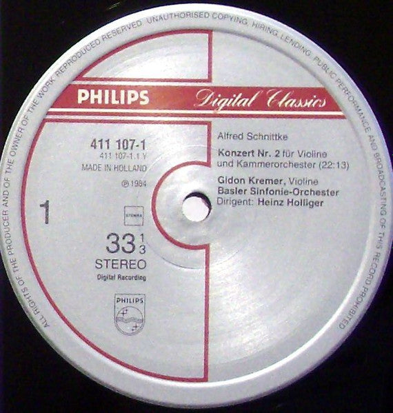 Image of Label Cover of LP - VG+/VG+ - GIDON KREMER, BASLER SINFONIE-ORCHESTER, HEINZ HOLLIGER, Schnittke: Violin Concerto No.2 = Violinkonzert Nr. 2 / Piano Quintet = Klavierquintett (Philips Digital Classics; 411 107-1, Netherlands 1984), ,  - 1126243E