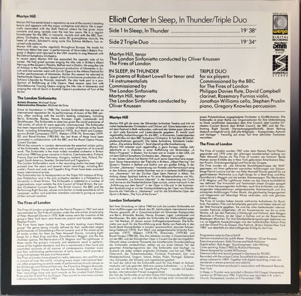 Image of Back Cover of LP - VG+/VG+ - OLIVER KNUSSEN, LONDON SINFONIETTA, MARTYN HILL, Carter: In Sleep, In Thunder / Triple Duo (Wergo; WER 60124, Germany 1985, Signed by Elliott Carter in Marker Pen on Front Sleeve), ,  - 0226101E