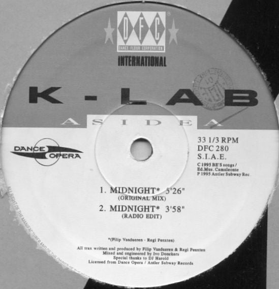 Image of Back Cover of 12" - VG/VG - K-LAB, Midnight (DFC; DFC 280, Italy 1996, Die Cut Company Sleeve), Light Marks only, A-side is VG+.,  - 0226137E