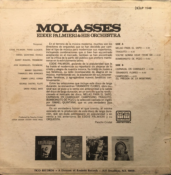 Image of Back Cover of 12" - G+/VG - EDDIE PALMIERI, Molasses (Tico Records; SLP 1148, US 1967, Picture Sleeve), blue electrical tape on sleeve edge. few faint scuffs - v. minor. light ring wear,  - 0246159S