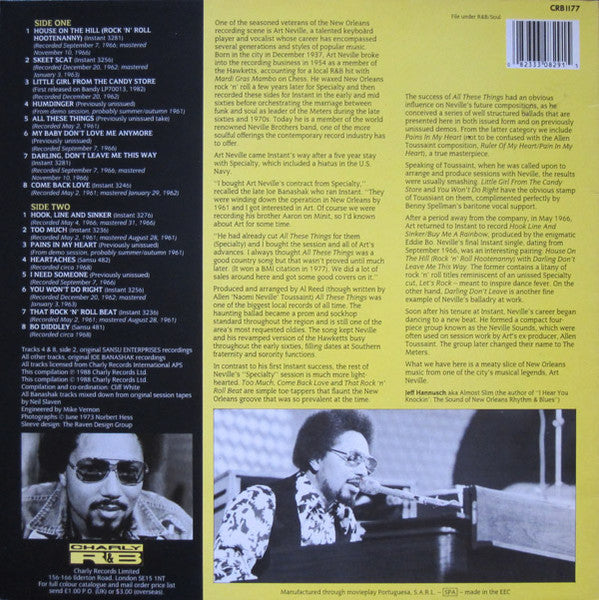 Image of Back Cover of 0226162E: LP - ART NEVILLE, Rock 'N' Soul Hootenanny (Charly R&B; CRB 1177, Europe 1988)   EX/EX