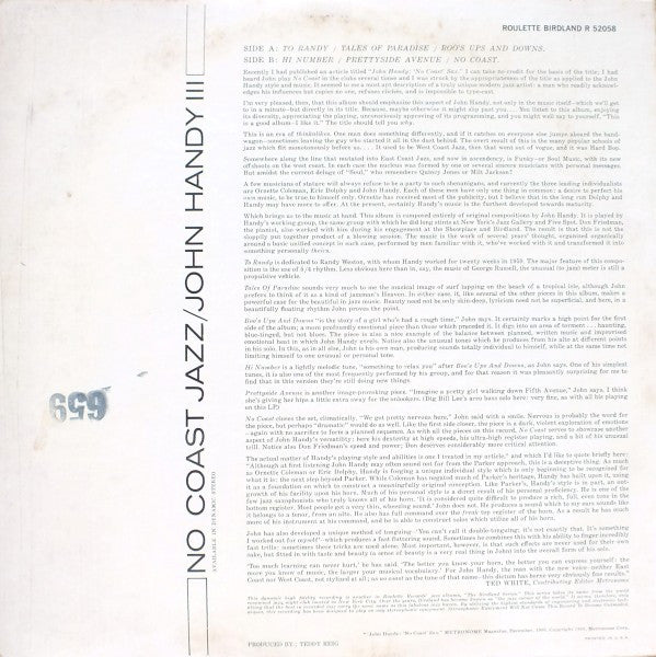 Image of Back Cover of LP - VG/VG+ - JOHN HANDY III, No Coast Jazz (Roulette; R 52058, US 1961, Stereo), ,  - 0226173E