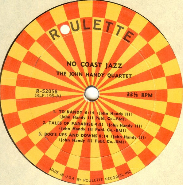 Image of Label Cover of LP - VG/VG+ - JOHN HANDY III, No Coast Jazz (Roulette; R 52058, US 1961, Stereo), ,  - 0226173E