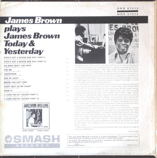Image of Back Cover of LP - G+/G+ - JAMES BROWN, James Brown Plays James Brown (Today & Yesterday Featuring James Brown At The Organ) (Smash Records; SRS 67072, US 1965), Record has a very slight warp (hardly noticeable). Sleeve very worn with staining, sticker ghost on front, and some damage at corners,  - 0216322C