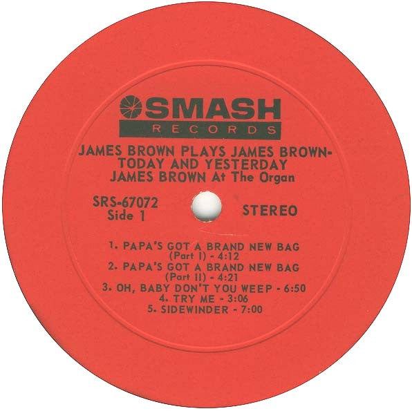 Image of Label Cover of LP - G+/G+ - JAMES BROWN, James Brown Plays James Brown (Today & Yesterday Featuring James Brown At The Organ) (Smash Records; SRS 67072, US 1965), Record has a very slight warp (hardly noticeable). Sleeve very worn with staining, sticker ghost on front, and some damage at corners,  - 0216322C