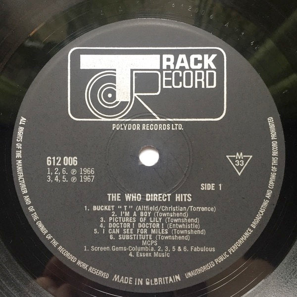 Image of Label of 3524512E: LP - THE WHO, Direct Hits (Track; 612006, UK 1968, Laminated Front Sleeve, Mono)   VG/VG+