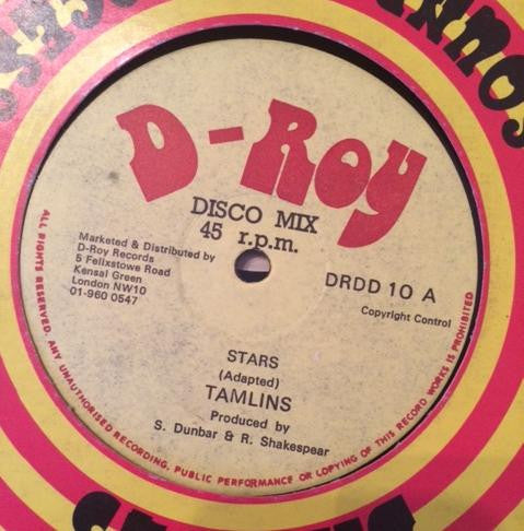 Image of Front Cover of 0246235S: 12" - THE TAMLINS / THE REVOLUTIONARIES, Stars / This Good (D-Roy Records; DR DD10, UK 1979, Company Sleeve)   G+/VG