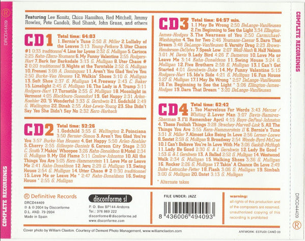 Image of Back Cover of 4xCD - EX/EX - THE ORIGINAL CHET BAKER & GERRY MULLIGAN QUARTET, The Original Chet Baker & Gerry Mulligan Quartet: Complete Recordings (Definitive Records; DRCD44409, Spain 2004, Double CD Case, Booklet), ,  - 0236285E