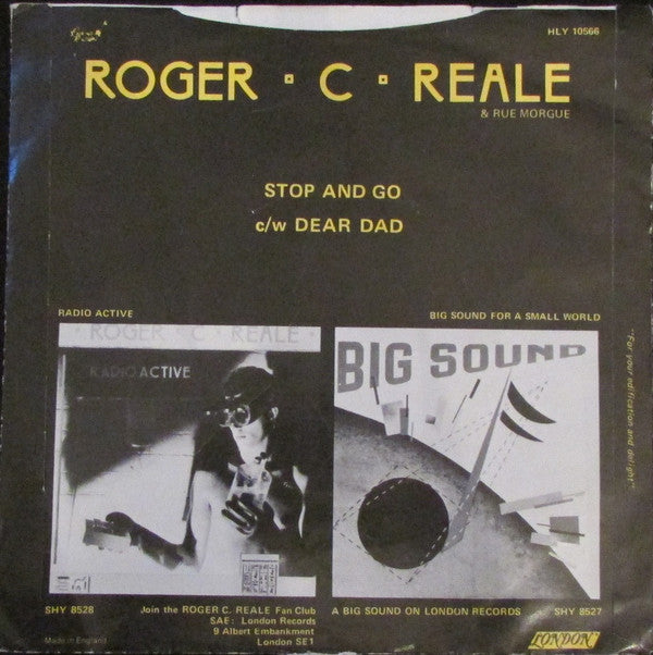 Image of Back Cover of 7" - VG/EX - ROGER C. REALE & RUE MORGUE, Stop And Go / Dear Dad (London Records ; HLY 10566, UK 1979, Promo, Picture Sleeve), Damage To Sleeve Opening, Writing In Thumb Cut,  - 0226295E