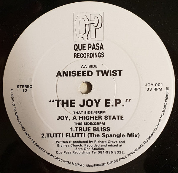 Image of Front Cover of 12" - /VG - ANISEED TWIST, The Joy EP (Que Pasa Recordings ; JOY 001,   ), light marks only,  - 0346036S