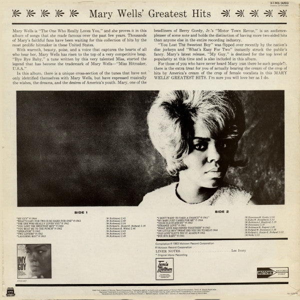 Image of Back Cover of LP - VG/VG+ - MARY WELLS, Greatest Hits (Tamla Motown; STMS 5093, UK 1983 Reissue), ,  - 0326002E